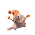 Happy Groundhog Day - hand drawn watercolor illustration character card groundhog Royalty Free Stock Photo