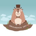 Happy Groundhog day illustration with cute marmot in gentleman h