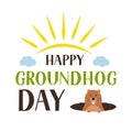 Happy Groundhog Day lettering and cute cartoon marmot crawling out of a hole isolated on white. Easy to edit vector template for Royalty Free Stock Photo