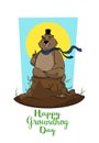 Happy Groundhog Day. Marmot trying to predict weather. Postcard, banner