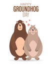 Happy groundhog day, pair of groundhogs in love with hearts. Congratulatory banner, card, poster Royalty Free Stock Photo