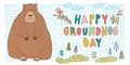 Happy Groundhog Day vector greeting card with hand drawn cute stylized groundhog.