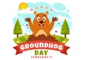 Happy Groundhog Day Vector Illustration on February 2 with a Groundhog Animal Emerged from the Hole Land and Garden in Background