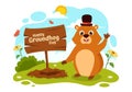 Happy Groundhog Day Vector Illustration on February 2 with a Groundhog Animal Emerged from the Hole Land and Garden in Background