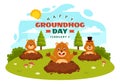 Happy Groundhog Day Vector Illustration on February 2 with a Groundhog Animal Emerged from the Hole Land and Garden in Background