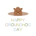 Happy Groundhog day, welcome of spring. Cute cartoon groundhog with colorful pastel text. Isolated on white background