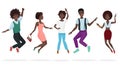 Happy group of african american teamwork friends jumping. Cartoon jump black people character vector illustration.