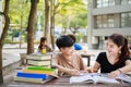 A happy group of attractive young people is tutoring exams with study books, sitting on the study table. Student group and