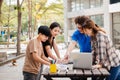 Happy Group of attractive young people using a laptop and tutoring together on study table, Social media online concept and Youth Royalty Free Stock Photo