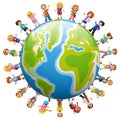 Happy group of children standing around the world