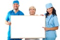 Happy group of doctors holding placard