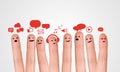 Happy group of finger smileys with social chat sign and speech b