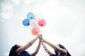 Happy group girl friends hand holding multicolored Royalty Free Stock Photo