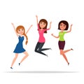 Happy group of girls jumping. White background. The concept of friendship, healthy lifestyle, success. Vector