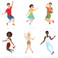 Happy group of multi ethic teen friends jumping. Cartoon people character vector illustration. Royalty Free Stock Photo