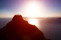 Happy group of people, friends, family on the top of the mountain over ocean celebrating success Royalty Free Stock Photo