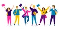 Happy group of students, flat style. Young people men and women with backpacks and books . Vector illustration on white background Royalty Free Stock Photo