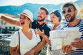 Group of tourists traveling and sightseeing together