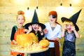 Happy group witch children during Halloween party Royalty Free Stock Photo