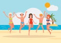 Happy group of young people jumping on the beach background. Royalty Free Stock Photo