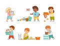 Happy and Grumpy Kids Playing Different Toys in the Nursery or Playroom Vector Set Royalty Free Stock Photo