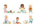 Happy and Grumpy Kids Playing Different Toys in the Nursery or Playroom Vector Set Royalty Free Stock Photo