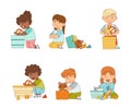 Happy and Grumpy Kids Playing Different Toys in the Nursery or Playroom Vector Set Royalty Free Stock Photo