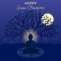 Happy Guru Purnima Gautama Buddha, Bodhi Tree, Moon, Night Sky, silhouette, stars, Mandala. Traditional Festival Poster Banner