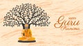 Happy Guru Purnima Traditional Hindu Festival Poster. Old sadhu, sage meditate sitting under tree Horizontal Banner Design Vector