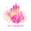 Happy Guru Purnima watercolor greeting card with blessing palm