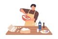 Happy guy in apron mixing ingredients preparing dough in bowl vector flat illustration. Smiling man cooking dessert at