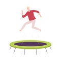 Happy Guy Bouncing on Garden Trampoline, Active Healthy Lifestyle, Summer Time Attraction Flat Style Vector Illustration Royalty Free Stock Photo