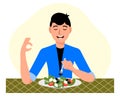 Happy guy eating greek salad and showing ok. The concept of vegetarianism and healthy eating. Illustration, vector