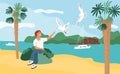 Happy guy feeds seagulls at beach. Summer sea relax. Man gives food to birds. Yachts and palm trees. Ocean shore. Person