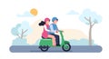 Happy guy and girl traveling. Couple on scooter. Romantic dating. People driving moped. Man and woman riding along park Royalty Free Stock Photo