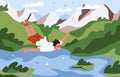 Happy guy goes land diving. Young man in extreme free falling above mountain landscape, water. Brave character jumping