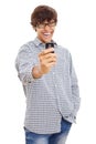 Happy guy making picture by phone Royalty Free Stock Photo