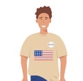 Happy guy in shirt with american flag and sticker voted. Modern man given his vote for USA presidential election. Voting Royalty Free Stock Photo