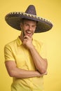 Happy guy smile in sombrero hat. Male fashion. Always in good mood. Mexican style. Mexico. Traditional clothes. theme Royalty Free Stock Photo