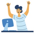Happy guy at table computer, successful employee vector character. The concept of Successful. Productive work and a good working Royalty Free Stock Photo