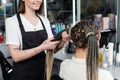 happy hairdresser and client, beauty salon Royalty Free Stock Photo