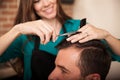 Happy hairstylist at work Royalty Free Stock Photo