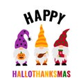 Happy Hallothanksmas. Cute Halloween Thanksgiving Christmas gnomes. Vector template for typography poster, banner