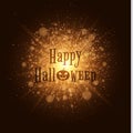 Happy Halloween . Abstract golden lights. Big bright flash of light. Gold dust. Cartoon Halloween pumpkin. Beautiful text on the b Royalty Free Stock Photo