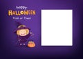 Happy Halloween, adorable greeting card, kid wearing witch costume mascot, magic and candy, trick or treat, cute cartoon character Royalty Free Stock Photo