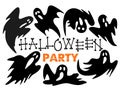 Happy Halloween art banner with scary ghost cartoon silhouettes. Vector illustration. Holiday design with hand lettering Royalty Free Stock Photo