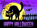 Happy Halloween background angry demonic cat big full moon
