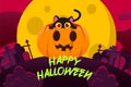 Happy Halloween Background With cute black cat hiding inside the pumpkin on a full moon night. Royalty Free Stock Photo