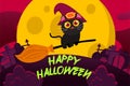 Happy Halloween Background with Happy Cute Black Cat Riding broomstick Full Moon in the sky Royalty Free Stock Photo