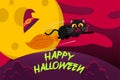 Happy Halloween Background with cute black cat scared riding broomstick. Royalty Free Stock Photo